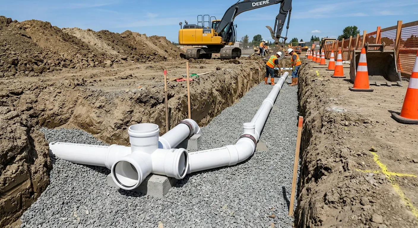 New PVC sewer pipe installation in open trench for Sewer Backup in Arden Hills