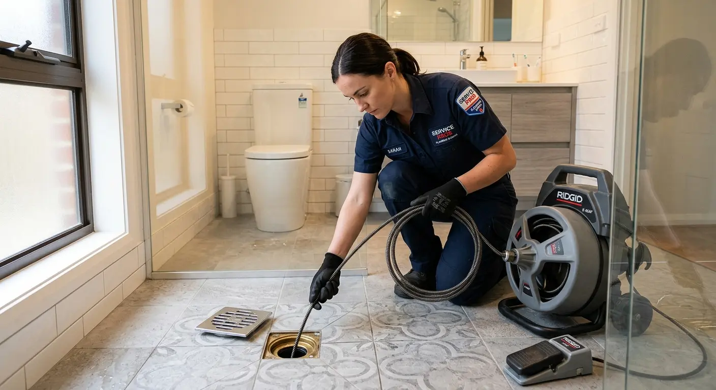 Technician clearing a bathroom floor drain for Sewer Line Replacement in Arden Hills